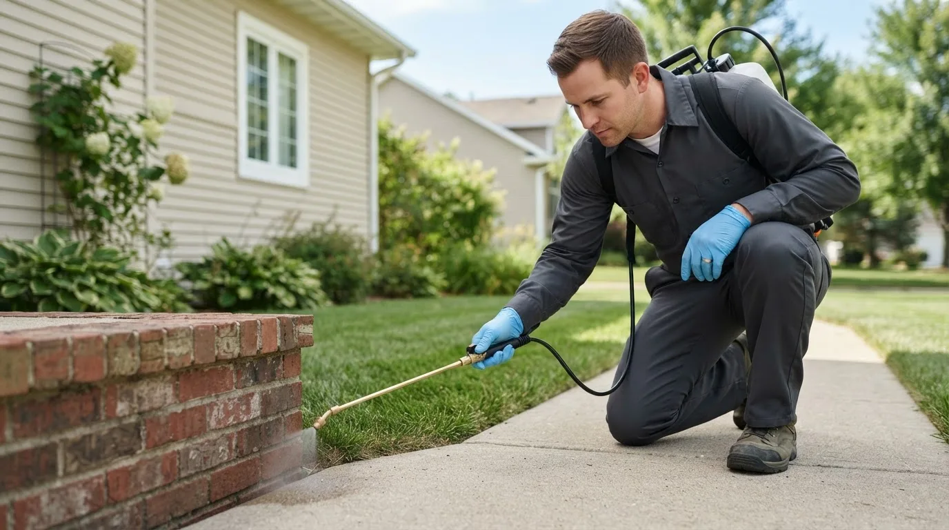 Pest control technician treating a home near Ellis, KS
